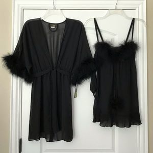 3 pc Cinema Etoile Maribou Feather Babydoll Robe